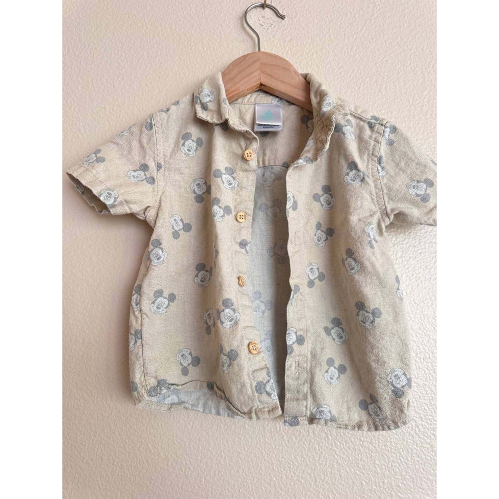 Disney Baby Mickey Mouse Button Up Camp Shirt 24M Linen Look Boho Coastal Cute